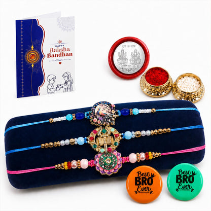 Multicolor Rakhi Lotus Motif, Om Charm, Peacock & Decorative Magnets | Pack of 8