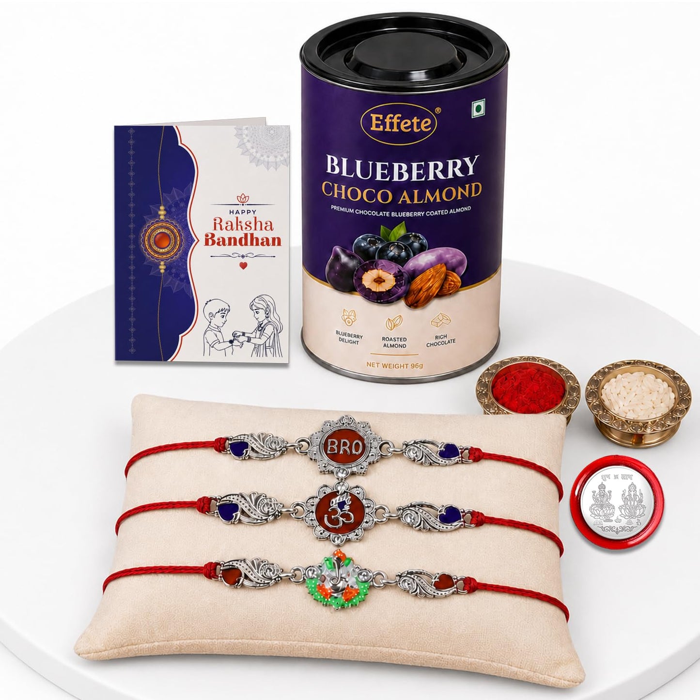 Bro Rakhi for Brother with Blueberry Almond 96gm, Roli Tikka & Card, Pack of 7