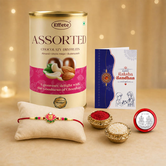 Ganesha Rakhi for Brother with Emperor Chocolate, Roli Tikka & Card | Pack of 5
