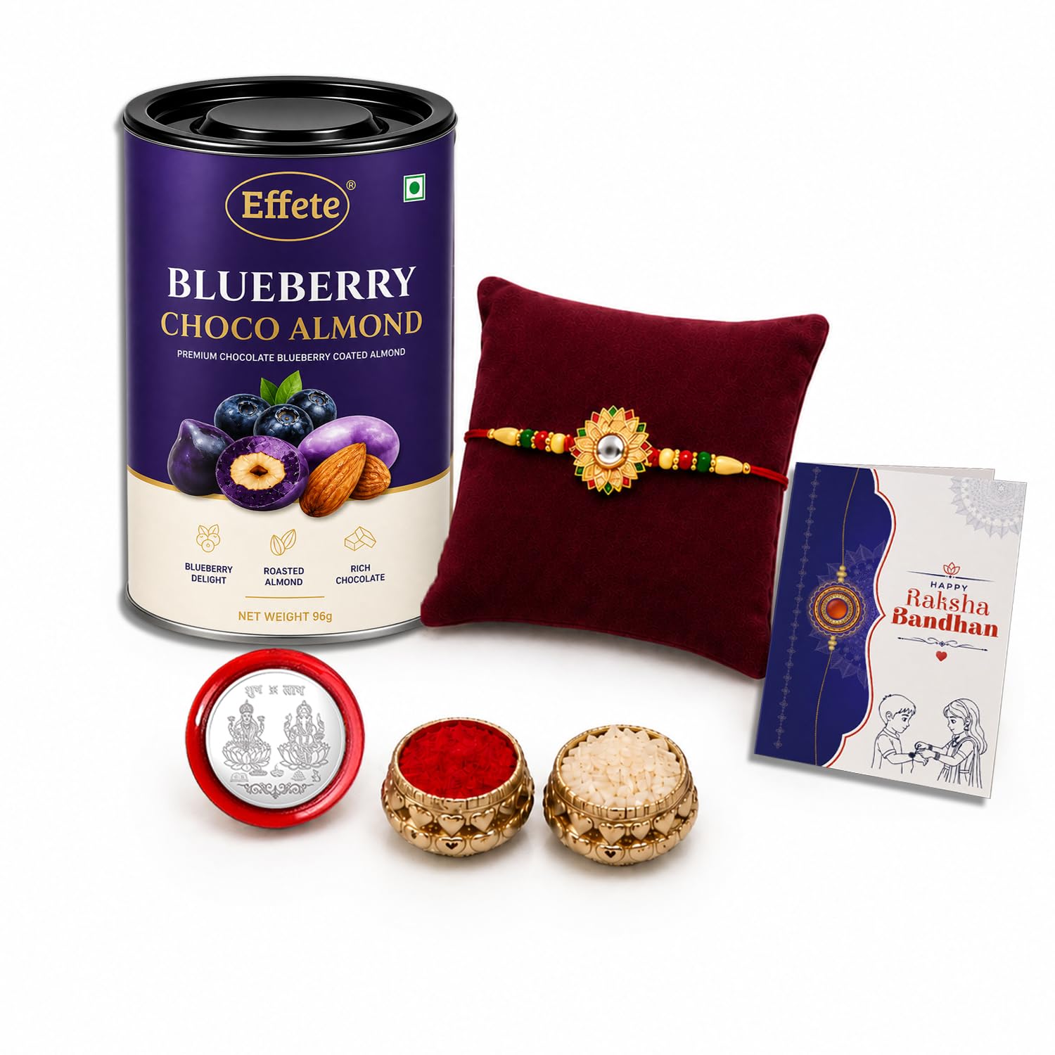 Designer Rakhi for Brother with Blueberry Almond 96gm, Coin & Card | Pack of 5