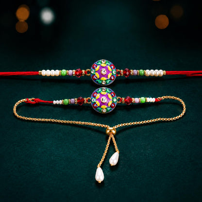 Two vibrant bracelets, one red string with beads and a circular charm, and one gold chain with a similar charm and pearl