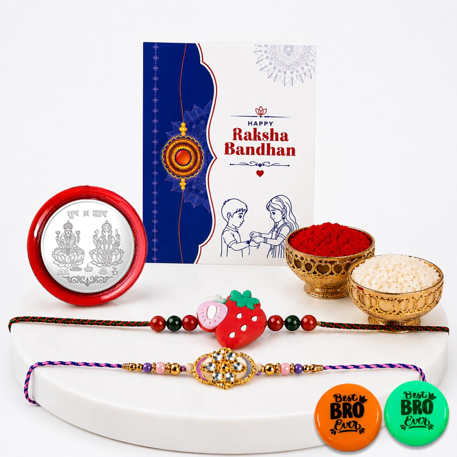 Strawberry, Daisy Kundan Multicolor Rakhi Combo with Multicolour | Pack of 7
