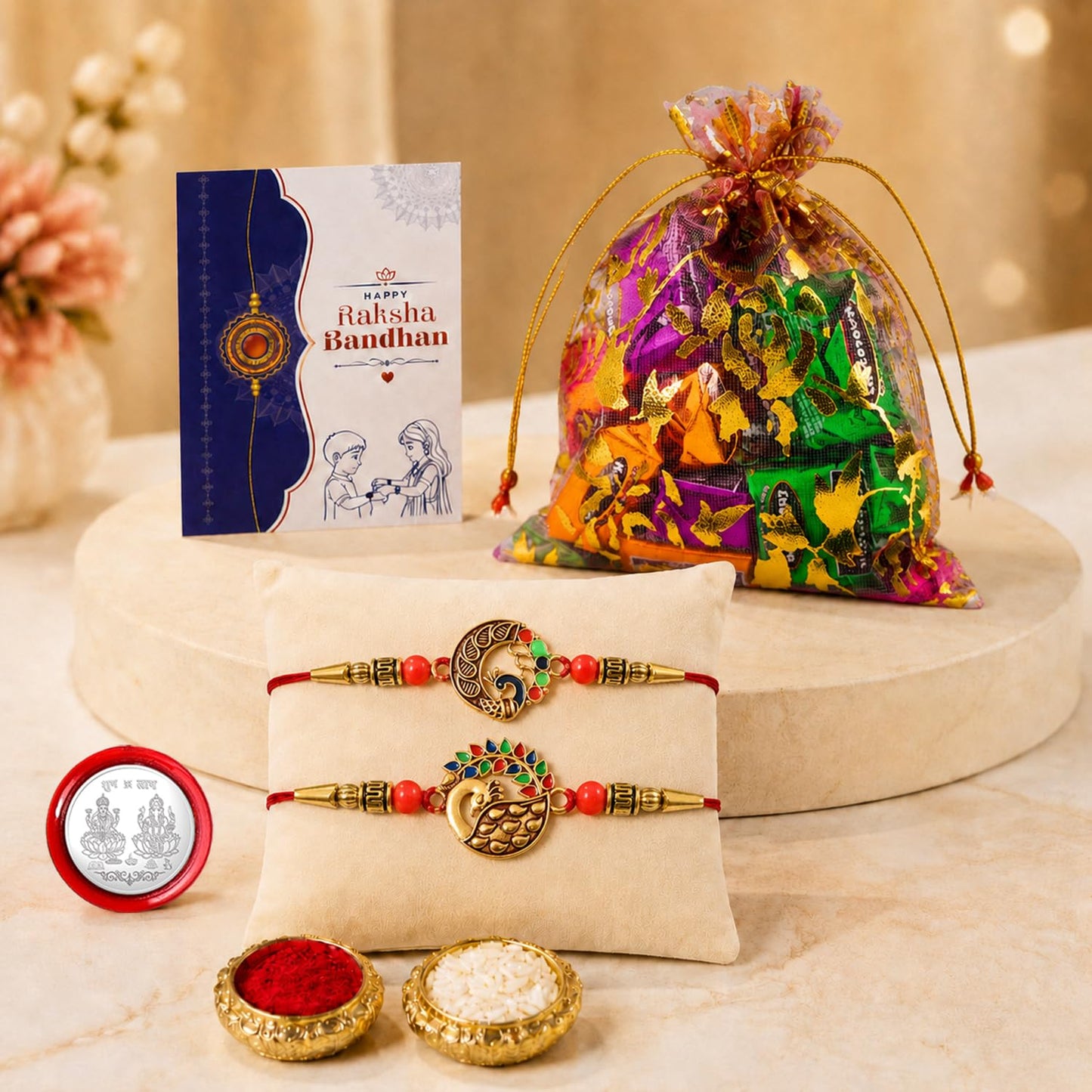 Peacock Rakhi for Brother with Assorted Treats, Roli Tikka & Card | Pack of 6