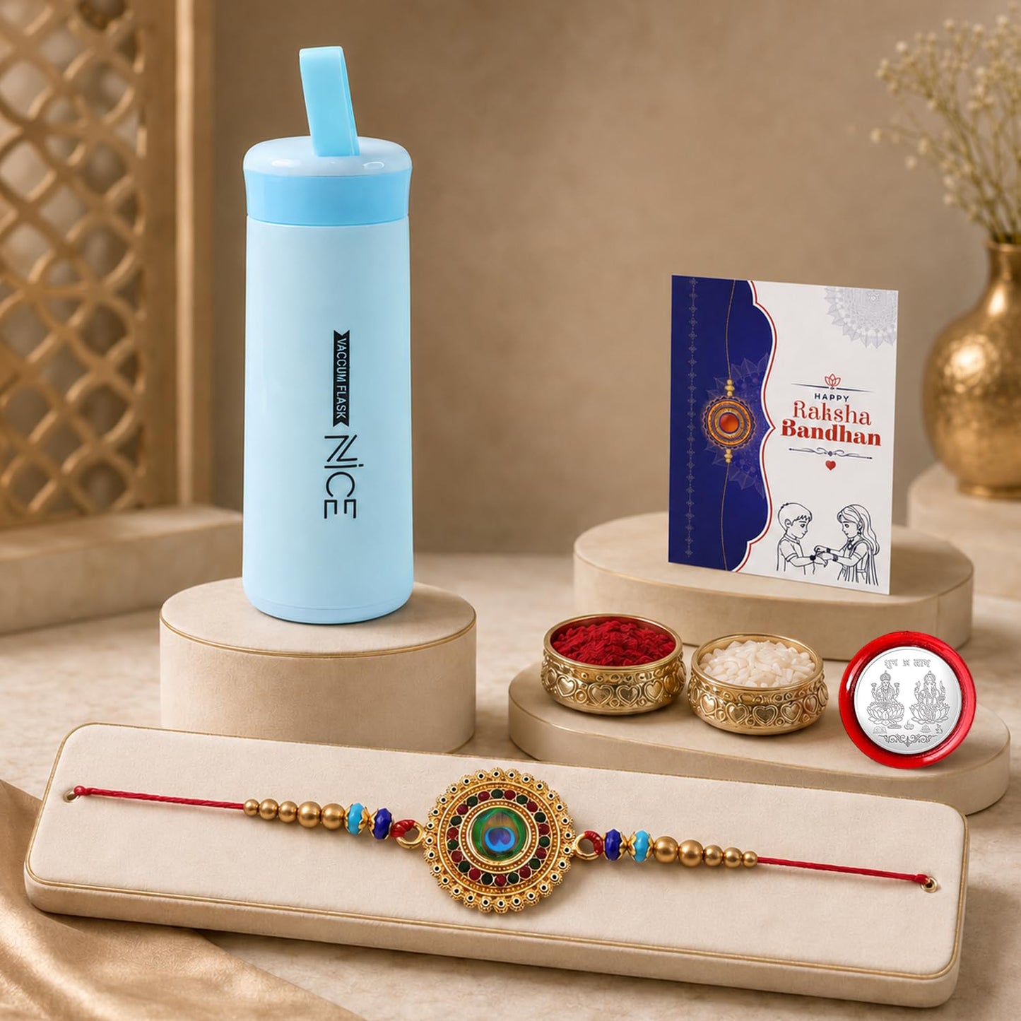 Round Rakhi for Brother with Water Bottle - Raksha Bandhan Gift Set, Pack of 5