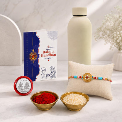 Round Kundan Rakhi Combo - Raksha Bandhan Gift with SS Water Bottle 500ml, Pack of 5