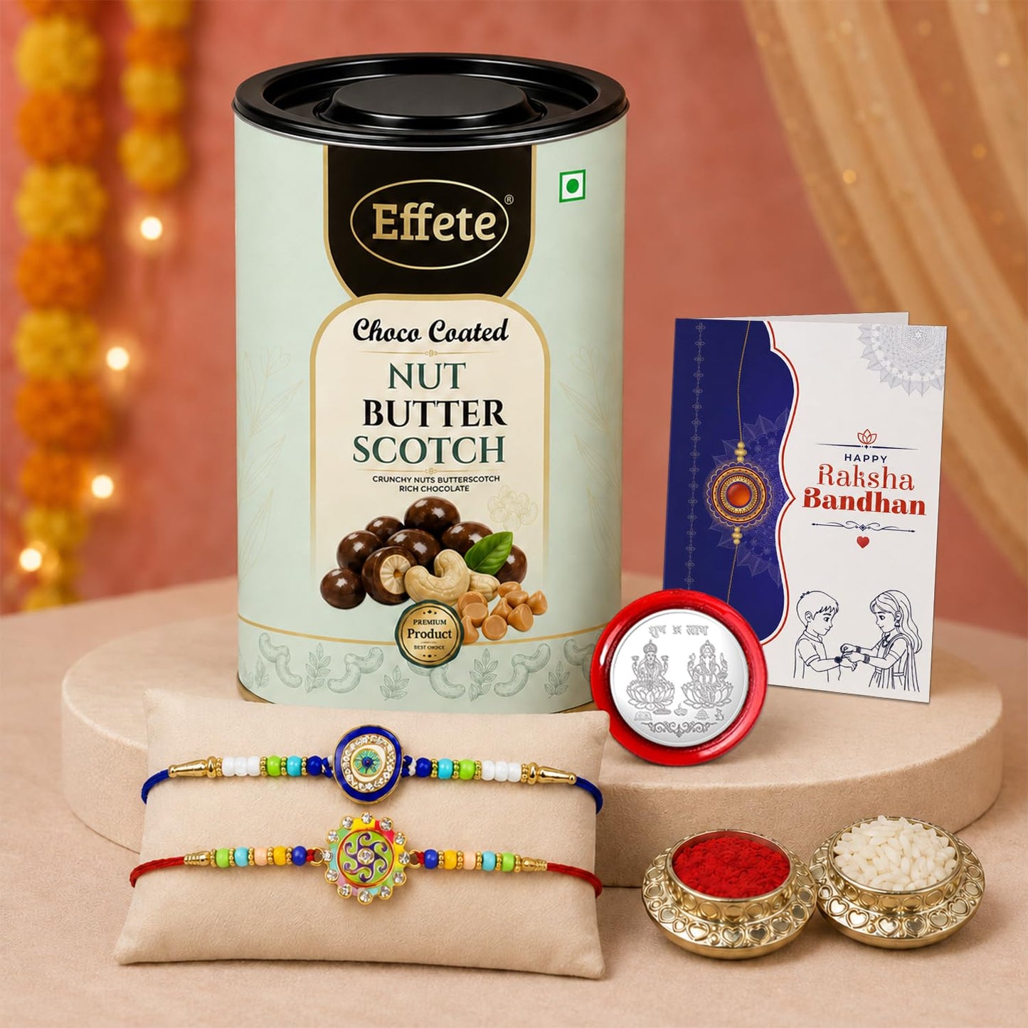 Evil Eye, Spiral Multicolor Rakhi & Chocolate Butter Scotch 96gm with Roli Chawal, Silver Color Pooja Coin & Greeting Card, Rakshbandhan Combo, Rakhi & Chocolate, Pack of 6 For Raksha Bandhan