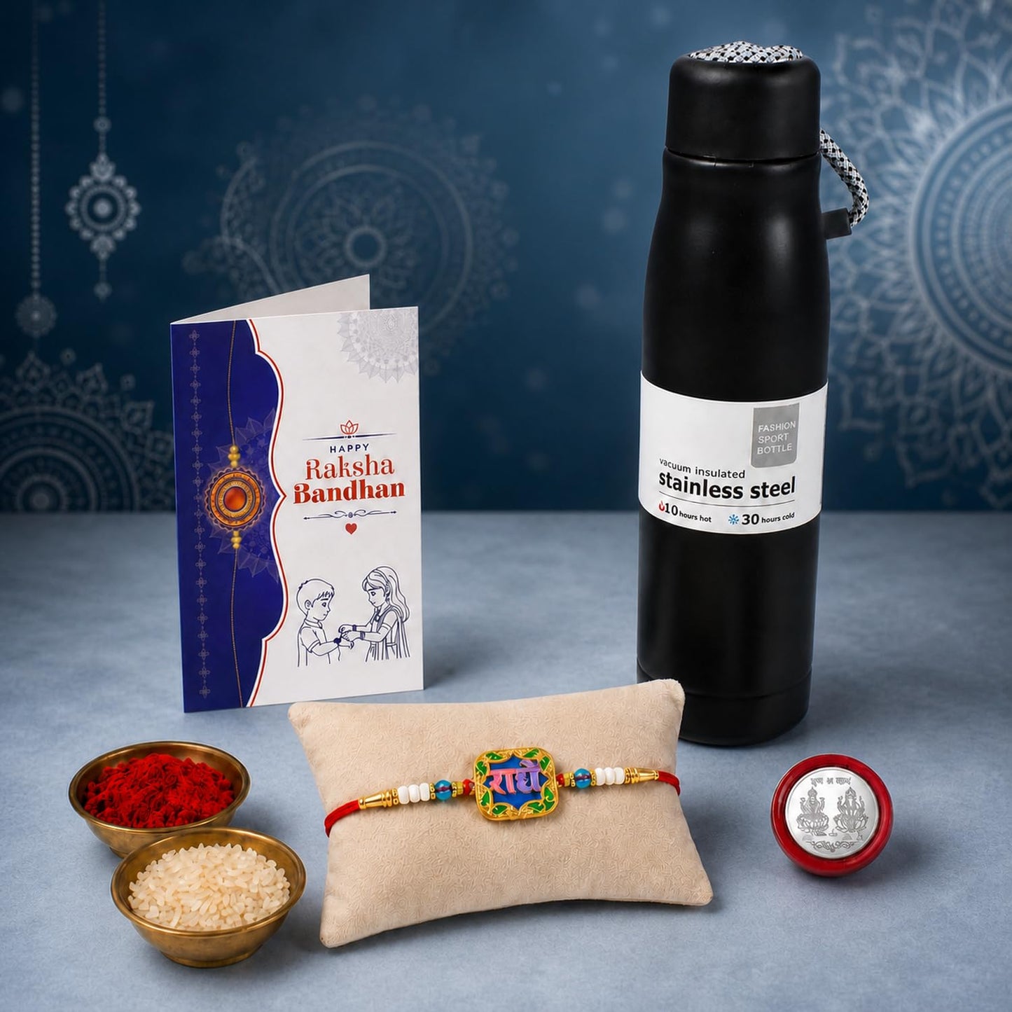 Radhe Rakhi Combo - Raksha Bandhan Gift with Vacuum Water Bottle 550ml, Pack of 5