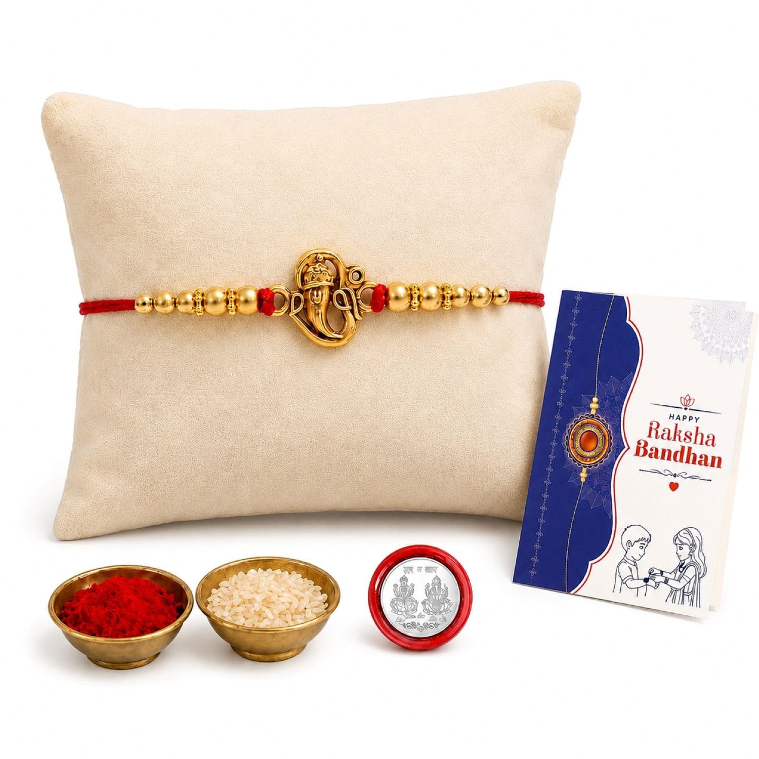 Krishna Beads Rakhi for Brother with Tilak Set, Pooja Coin & Card, Rakhi Set (V2)