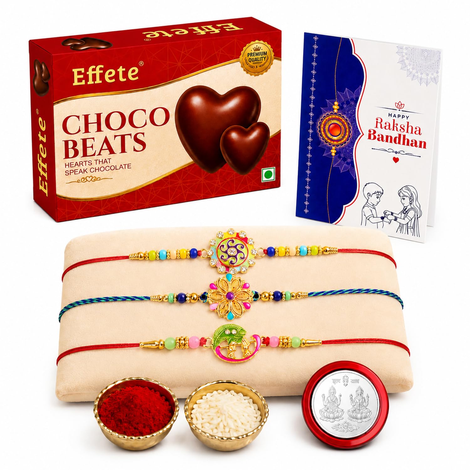 Floral Motif Rakhi for Brother with Chocolate Beats 32gm, Coin & Card, Pack of 7