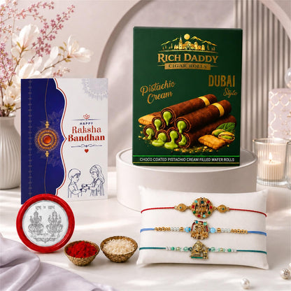 Elephant motif Rakhi for Brother with Pistachio Cream Wafer Rolls, Pack of 7
