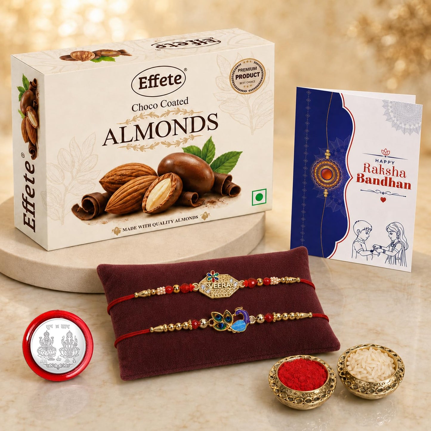 Veera Rakhi for Brother with Chocolate Almonds 32gm, Roli Tikka & Card, Pack of 6