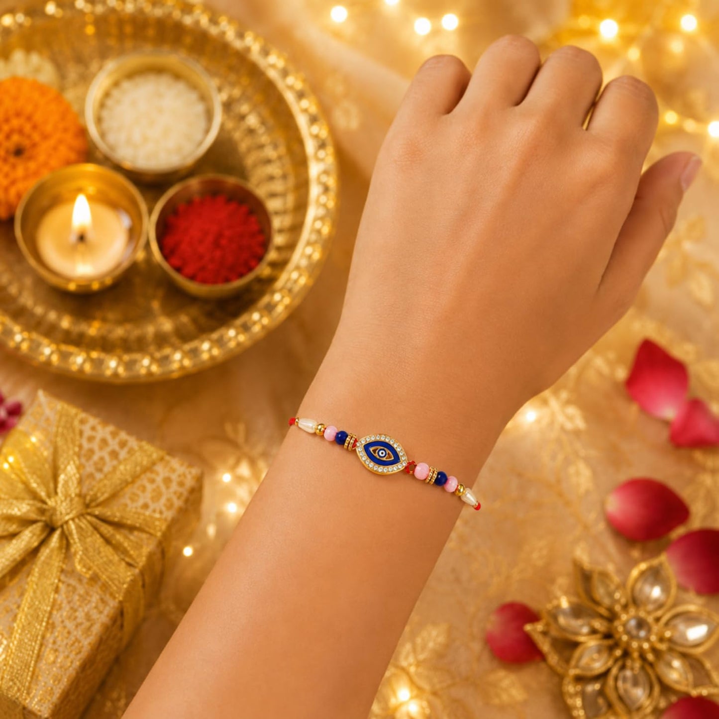 Designer Elegant Handcrafted Rakhi for Brother with Roli Tikka & Card, Pack of 5