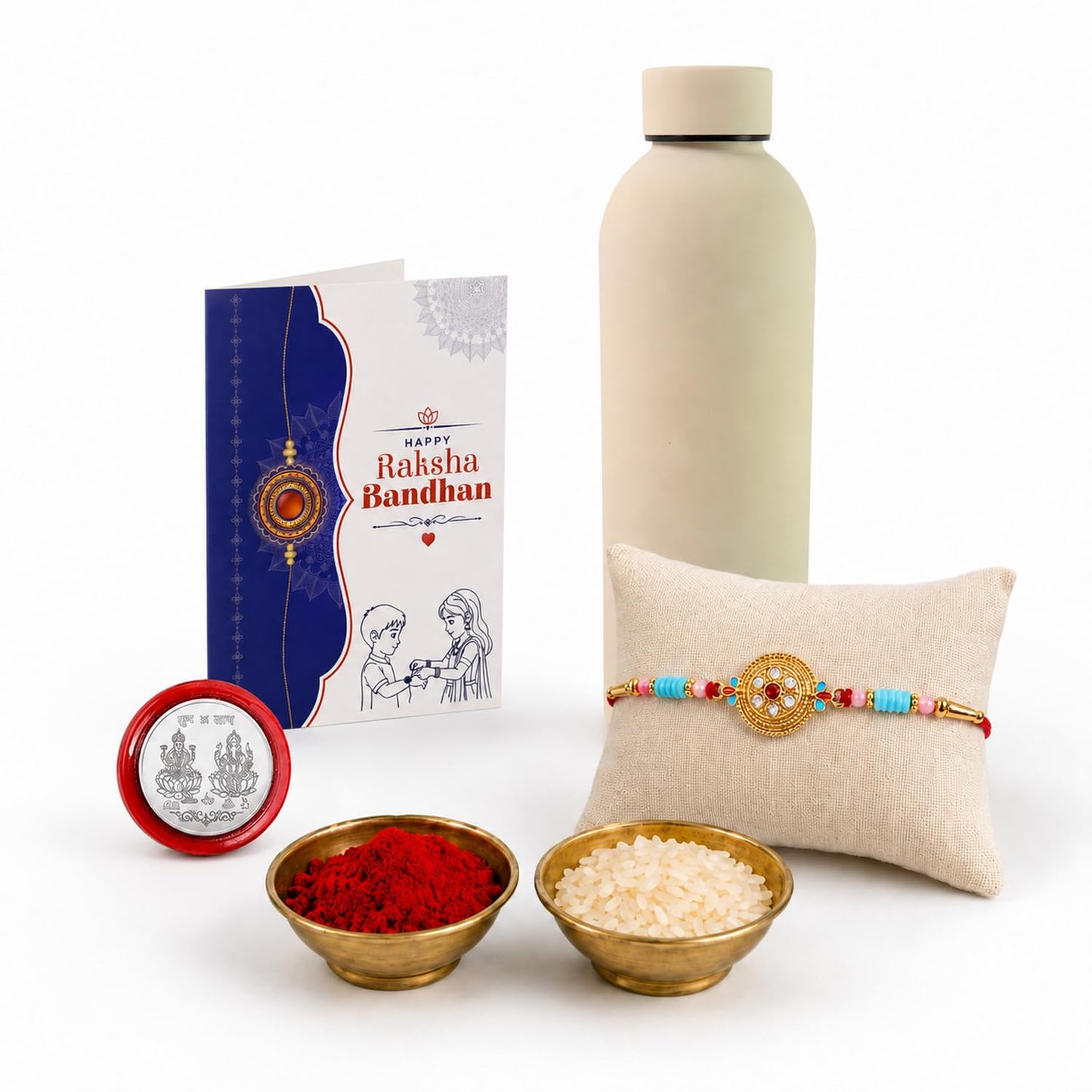 Round Kundan Rakhi Combo - Raksha Bandhan Gift with SS Water Bottle 500ml, Pack of 5