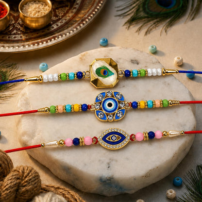 Designer Charming Multicolor Evil Rakhi for Brother with Roli Tikka, Pack of 6