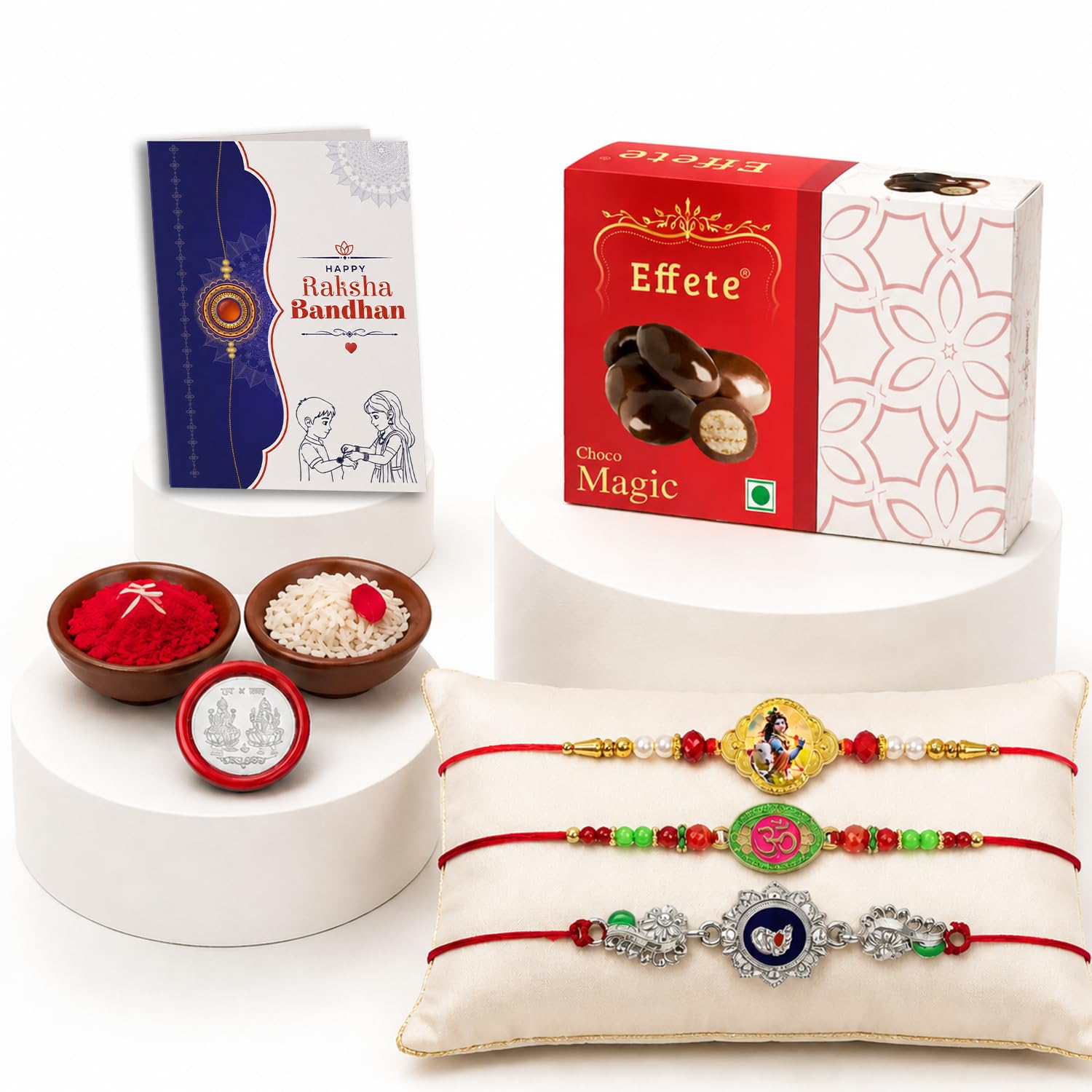 Krishna motif Rakhi for Brother with Chocolate Magic 32gm, Coin & Card, Pack of 7