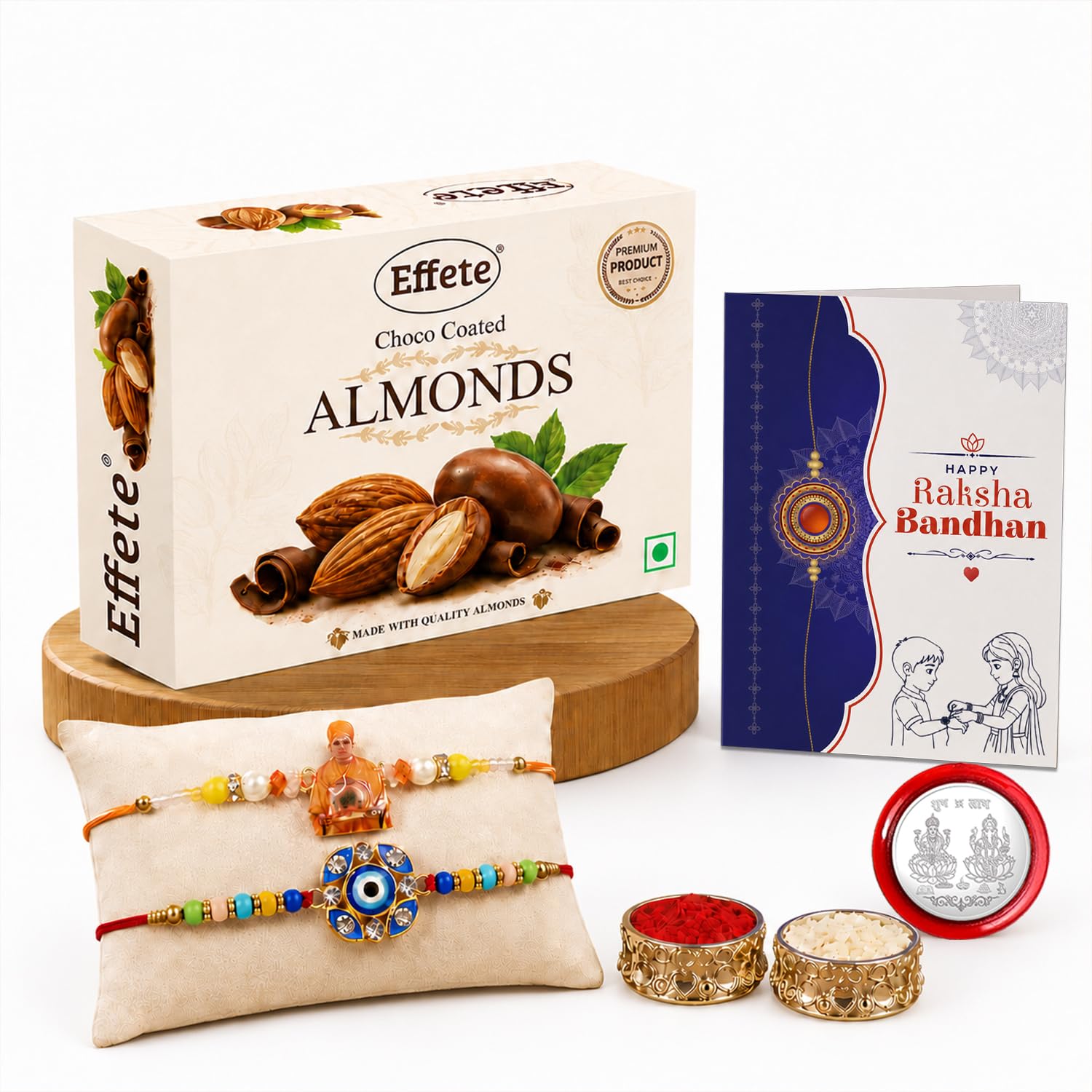 Multicolor Guru Ji, Evil Eye Rakhi & Chocolate Almonds 32gm with Roli Chawal, Silver Color Pooja Coin & Greeting Card, Rakhi with chocolate, Rakshbandhan Combo, Pack of 6 For Raksha Bandhan