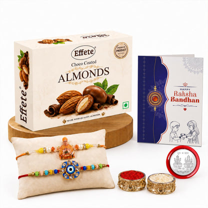 Multicolor Guru Ji, Evil Eye Rakhi & Chocolate Almonds 32gm with Roli Chawal, Silver Color Pooja Coin & Greeting Card, Rakhi with chocolate, Rakshbandhan Combo, Pack of 6 For Raksha Bandhan