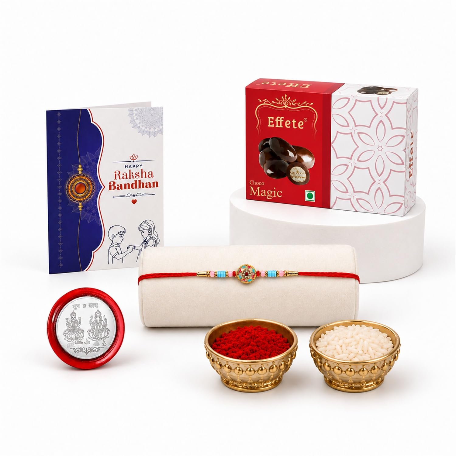 Flower Rakhi for Brother with Chocolate Magic 32gm, Roli Tikka & Card | Pack of 5