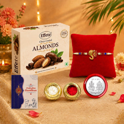 Ganesha Rakhi for Brother with Choco Almonds 32gm, Roli Chawal & Card, Pack of 5