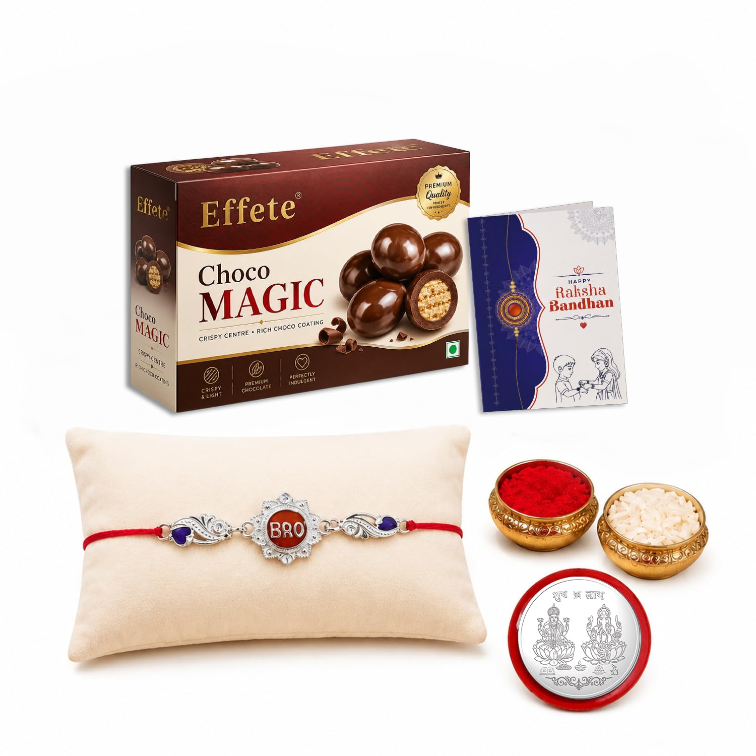 Bro Rakhi for Brother with Chocolate Magic 96gm, Roli Tikka & Card, Pack of 5