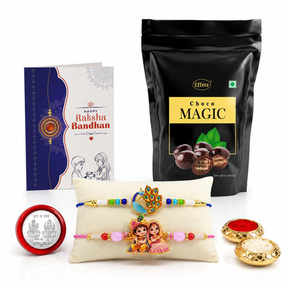 Krishna Radha Rakhi Combo - Raksha Bandhan Gift with Choco Magic Standy Pouch, Pack of 6