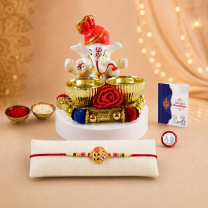 Round Multicolor Rakhi for Brother & Bhaiya with Ganesha Pooja Thali | Pack of 5