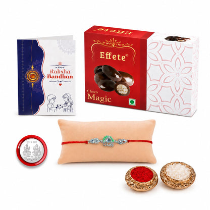 Multicolor Kanha Rakhi & Chocolate Magic 32gm with Roli Chawal, Silver Color Pooja Coin & Greeting Card, Fancy Rakhis for men stylish, Rakshbandhan Combo, Pack of 5 For Raksha Bandhan