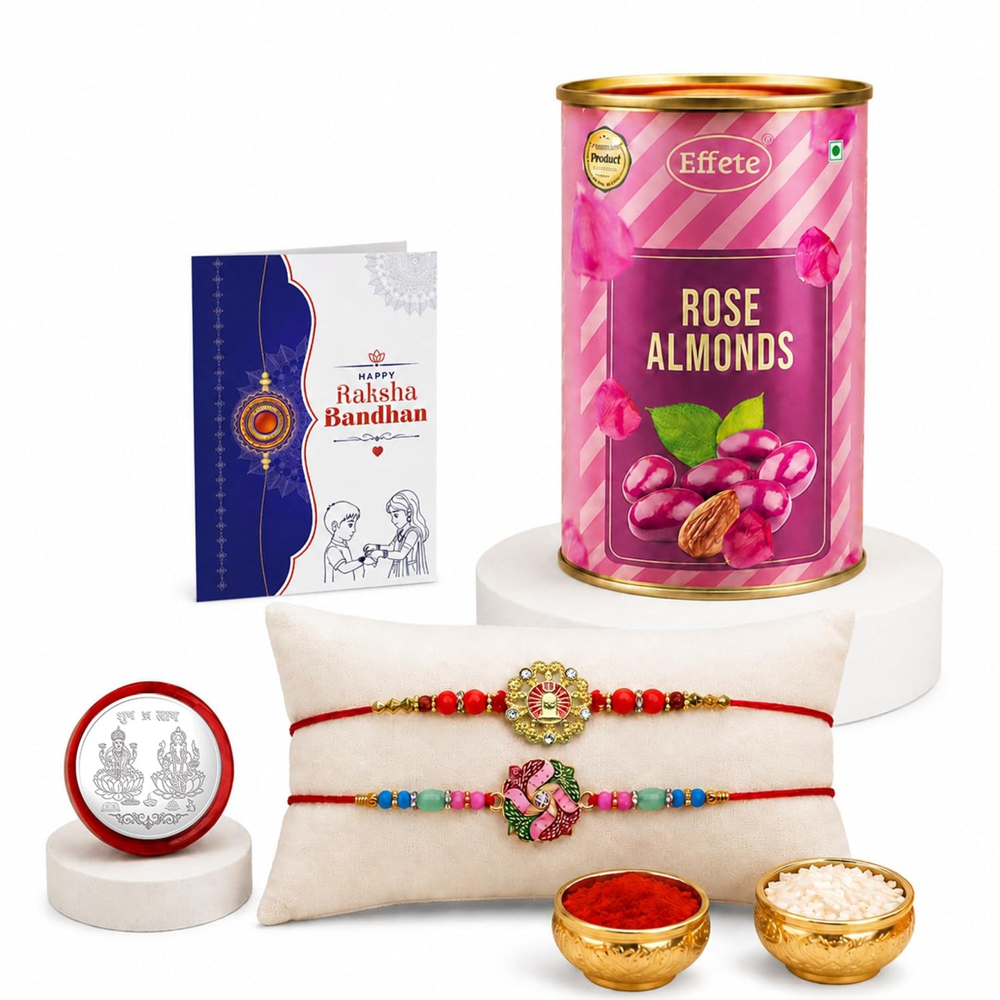 Floral Rakhi for Brother with Rose Almond 96gm, Roli Tikka & Card | Pack of 6