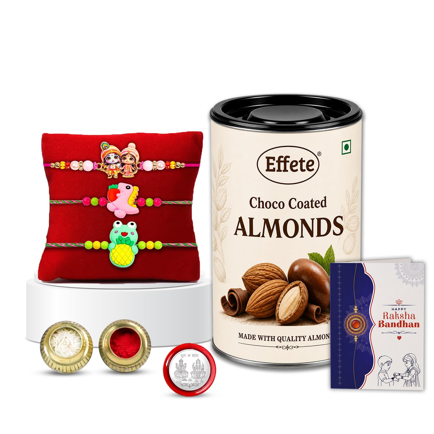 Krishna Radha Rakhi for Brother with Choco Almonds 96gm, Coin & Card, Pack of 7