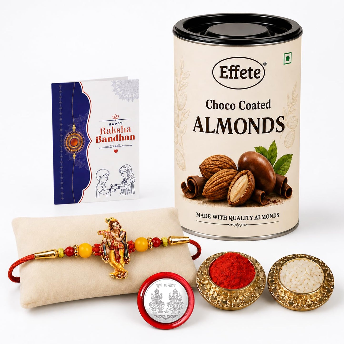Krishna Rakhi Combo - Raksha Bandhan Gift with Choco Almonds 96gm, Pack of 5 | Rakhi Gift