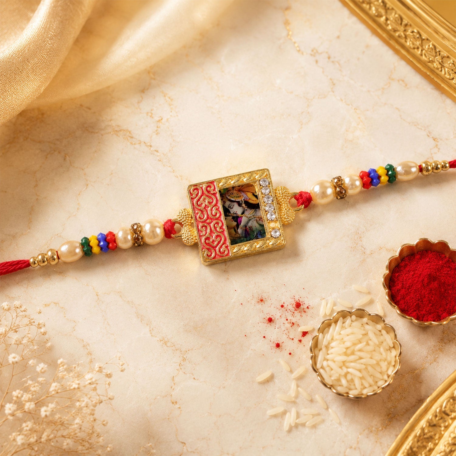 Radha Krishna Rakhi Traditional Square Centerpiece for Brothers (10pcs)