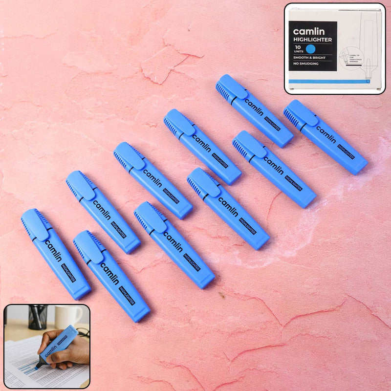 Camlin Blue Highlighter Pack – Smooth & Bright No-Smudge Chisel Tip (Box of 10)