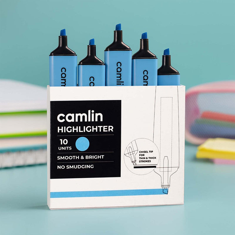 Camlin Blue Highlighter Pack – Smooth & Bright No-Smudge Chisel Tip (Box of 10)