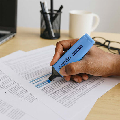 Camlin Blue Highlighter Pack – Smooth & Bright No-Smudge Chisel Tip (Box of 10)