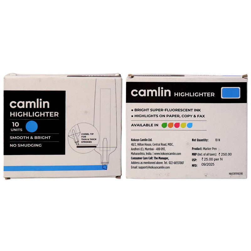 Camlin Blue Highlighter Pack – Smooth & Bright No-Smudge Chisel Tip (Box of 10)