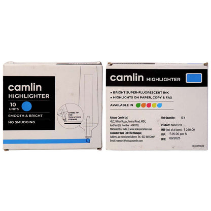 Camlin Blue Highlighter Pack – Smooth & Bright No-Smudge Chisel Tip (Box of 10)