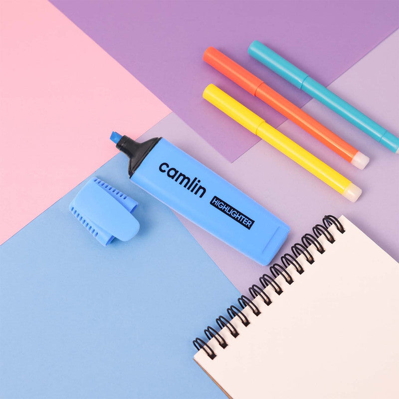 Camlin Blue Highlighter Pack – Smooth & Bright No-Smudge Chisel Tip (Box of 10)