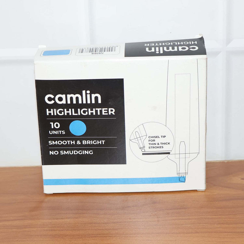 Camlin Blue Highlighter Pack – Smooth & Bright No-Smudge Chisel Tip (Box of 10)