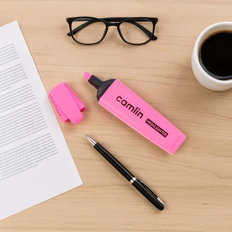 Camlin Pink Highlighter Pack – Smooth & Bright No-Smudge Chisel Tip (Box of 10)
