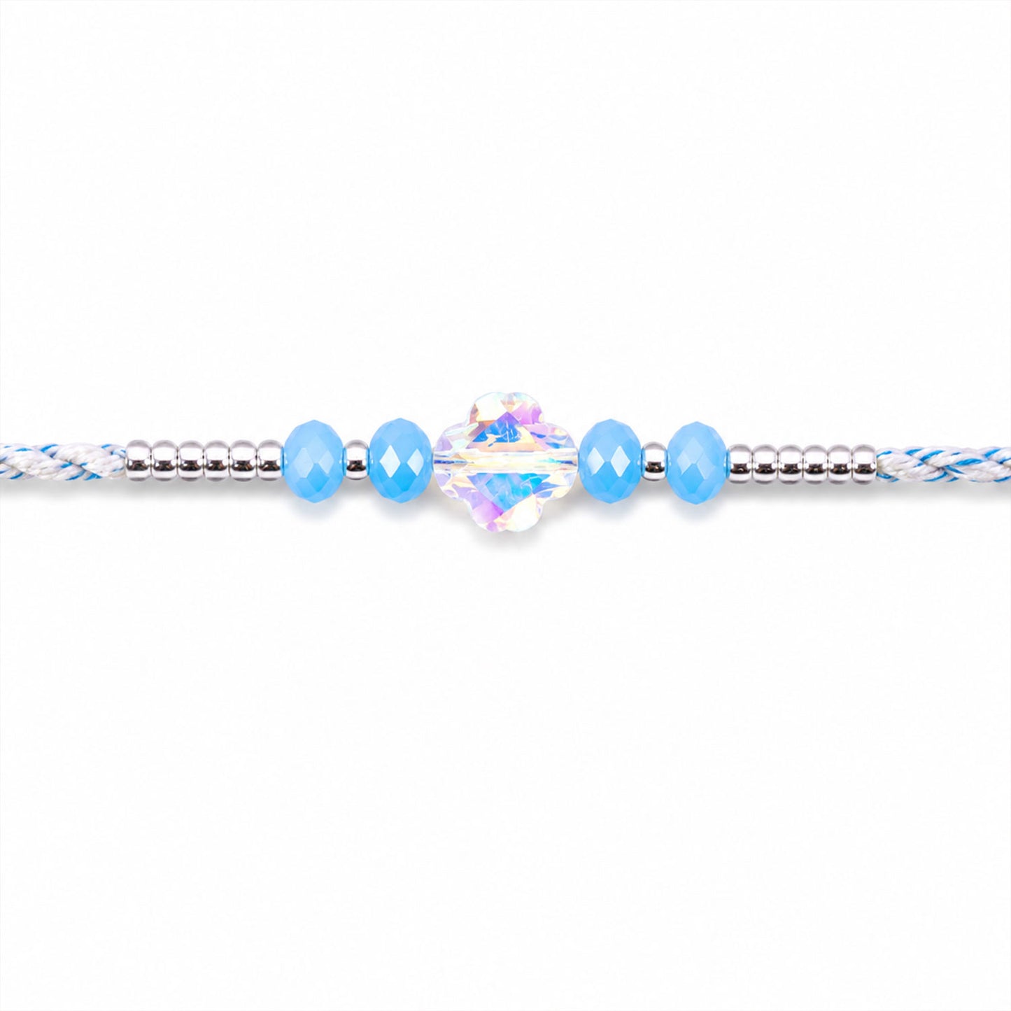 Blue Crystal Bead Rakhi with Round Stone Centre, Silver Highlights and Red Thread