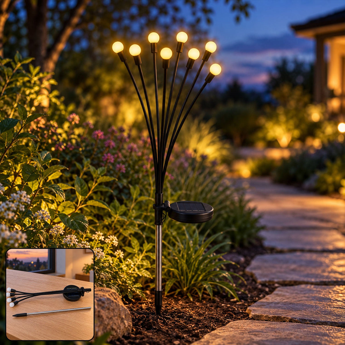 A solar firefly light with eight glowing orbs illuminates a garden path at dusk, with an inset showing disassembled