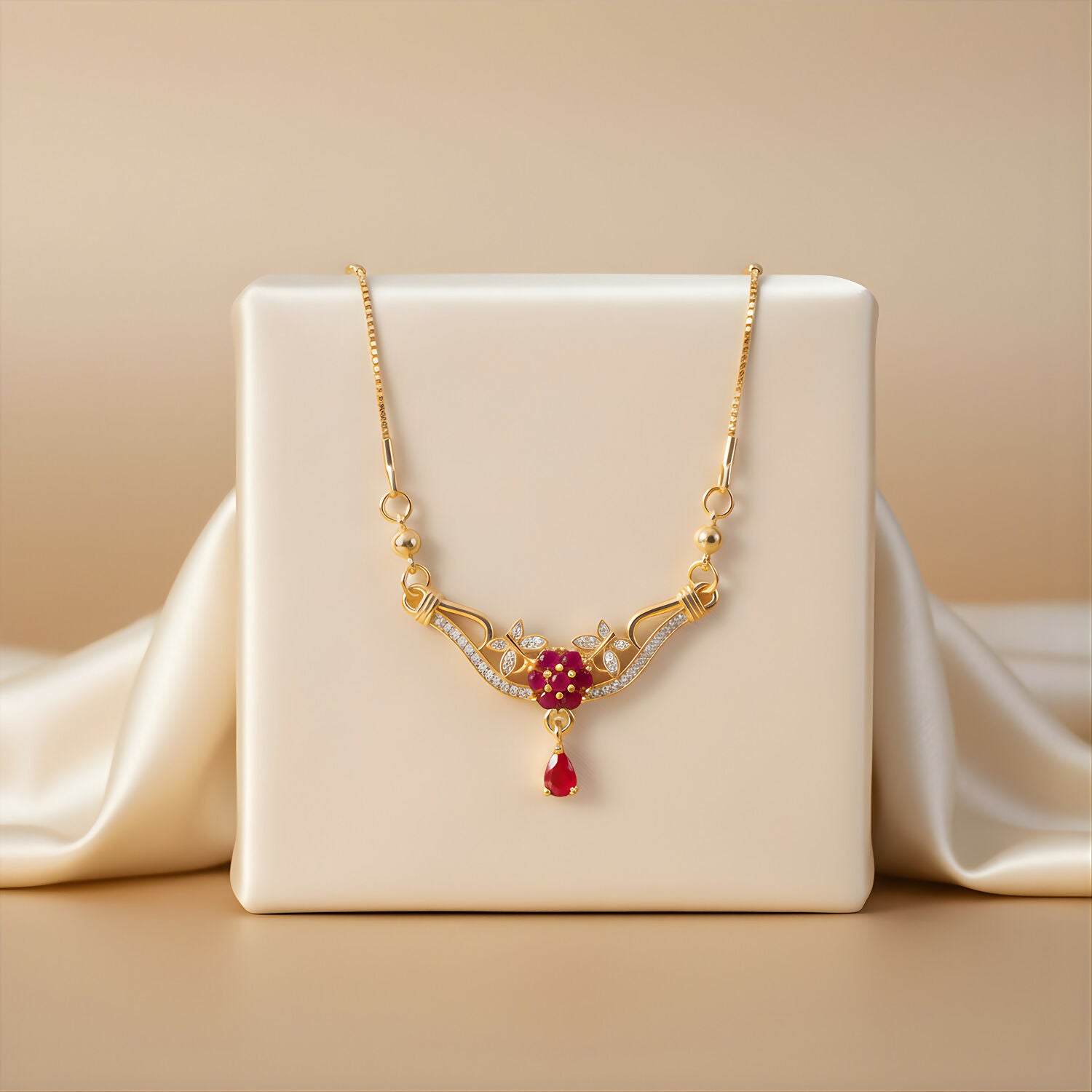Close-up of gold floral necklace showing red stone drop pendant