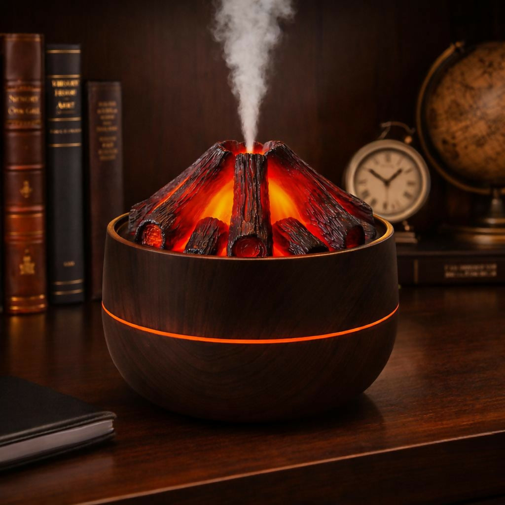 Brown Volcano Flame Humidifier LED Mist Diffuser for Home Desk Decor