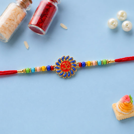 Beautiful Om Rakhi with multicolor beads and soft thread for Raksha Bandhan.