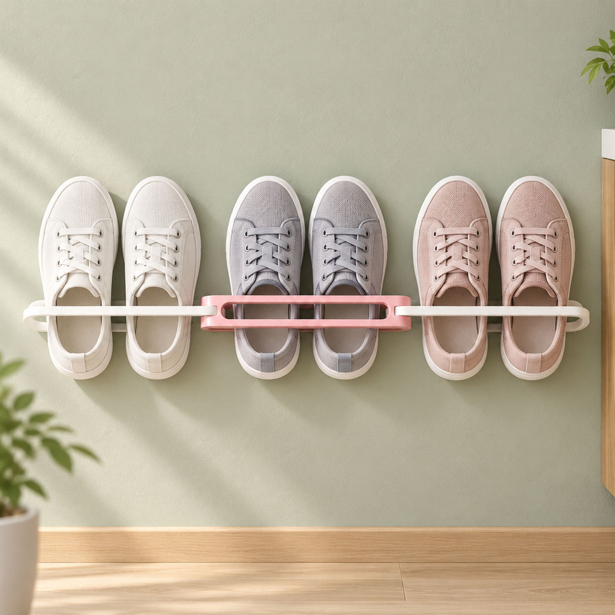 A pink and white folding shoe rack holds three pairs of sneakers on a light green wall. – view 2