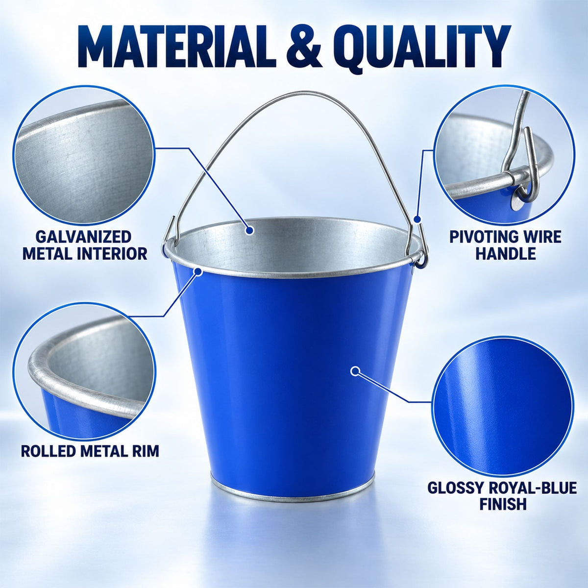 A blue metal bucket with callouts highlighting its galvanized interior, pivoting wire handle, rolled metal rim, and glossy