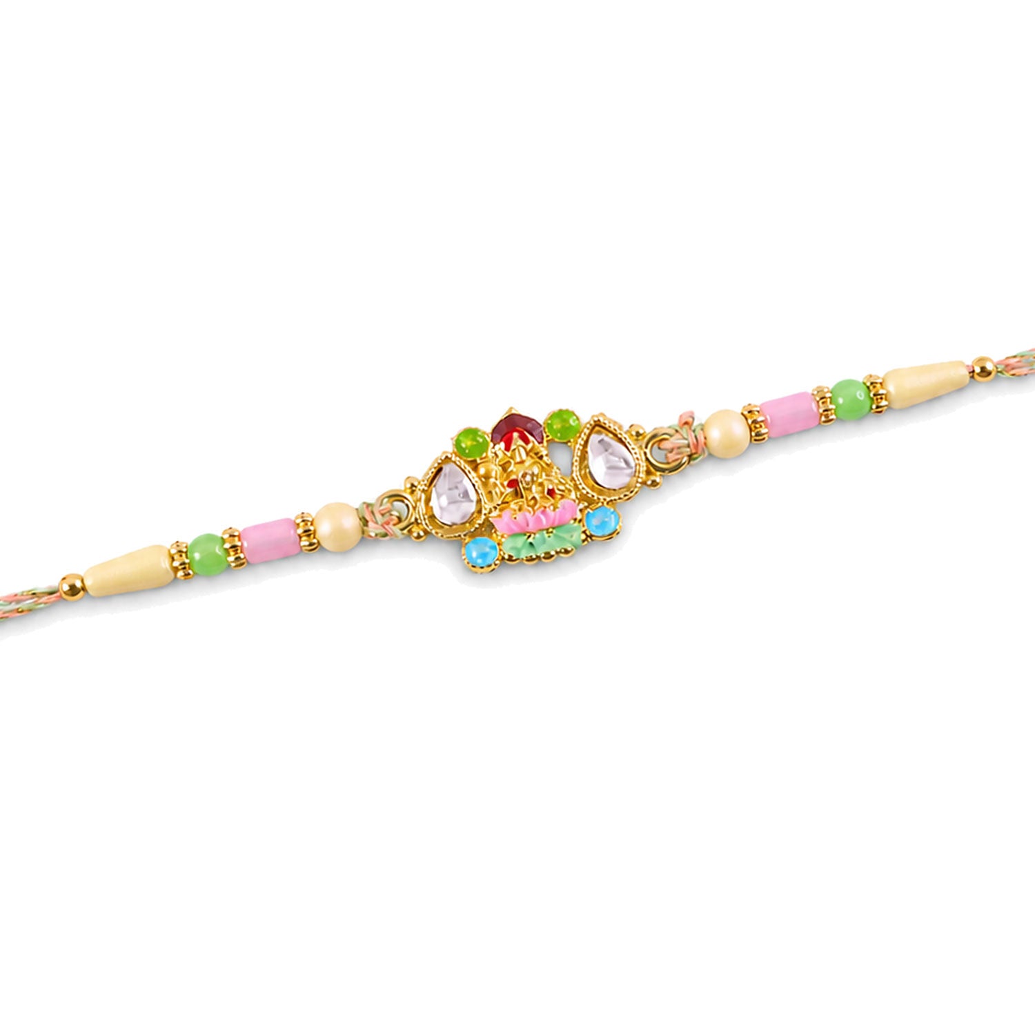Multicolor Kundan Cluster Pendant Rakhi with Pastel Beads