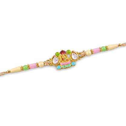 Multicolor Kundan Cluster Pendant Rakhi with Pastel Beads