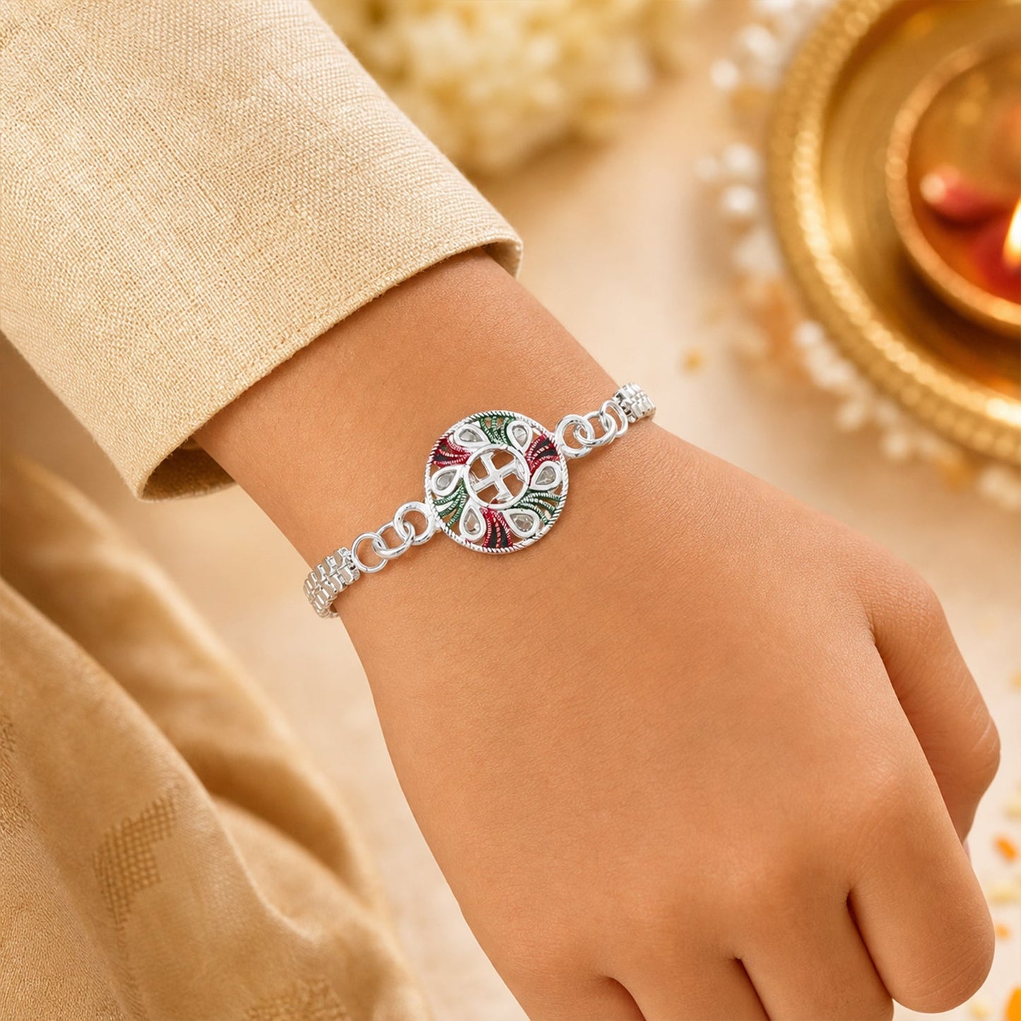 Buy Swastik Rakhi with Tricolor Enamel Silver Chain for Brother (10pcs)