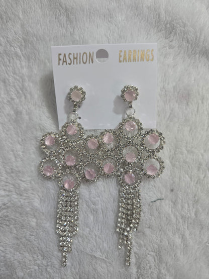 Women's Pink Stone Silver-Tone Statement Dangle Earrings for Party & Festive Wear